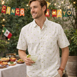 Weatherproof Vintage Sz Medium Green Limes Short Sleeve Button Down White Shirt